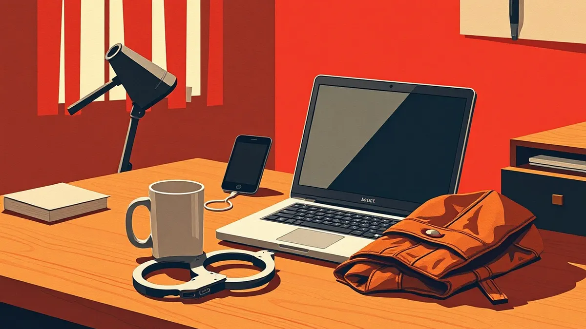Illustration: A dimly lit office with a laptop resting on a wooden desk beside a half-empty coffee mug.