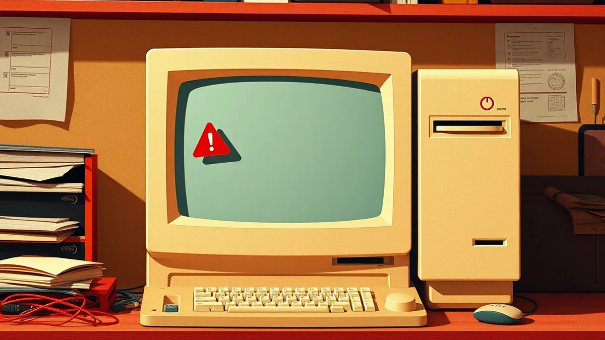 Illustration: A vintage beige tower computer sits on a cluttered wooden desk.