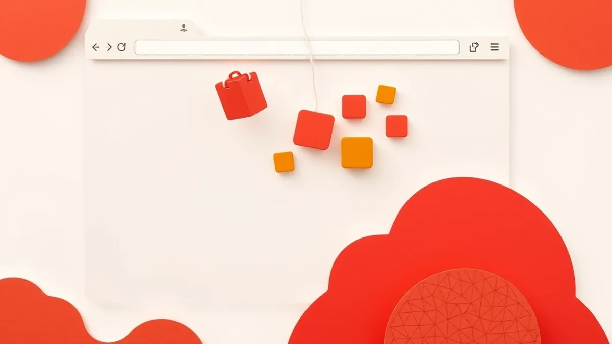 Illustration: A generic web browser window displays several colorful but blank extension icons floating in the top right corner.