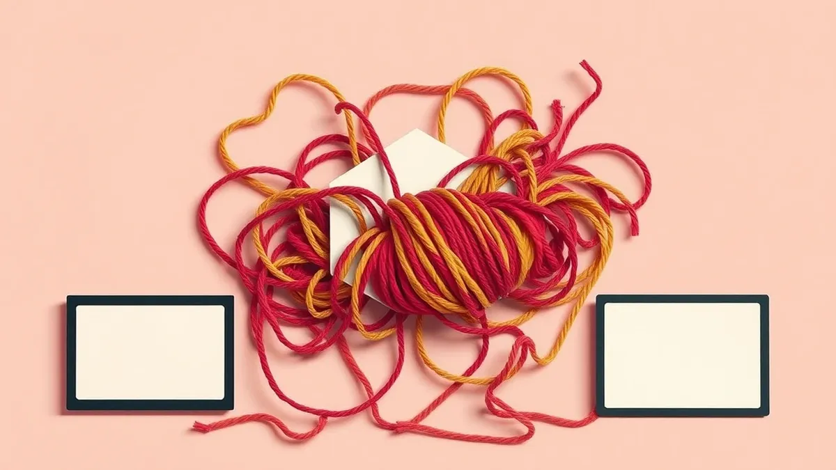 Illustration: A tangled knot of colorful yarn unravels from a neat spool, transforming into chaotic, mismatched strands that tangle around a geometric shape, illustrating how a cle