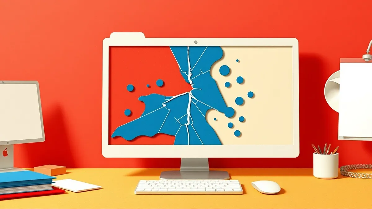 Illustration: A cracked browser window sits on a desk, its abstract blue shapes bleeding outward like spilled ink.