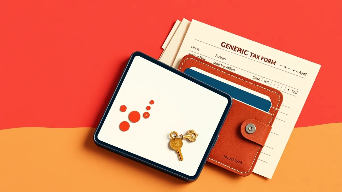 Illustration: A smartphone displays a blank payment interface next to a physical wallet with a loose key dangling from it.