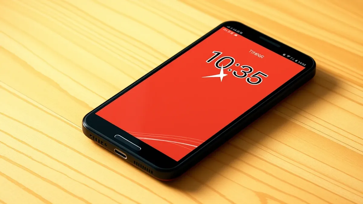 Illustration: A black smartphone rests on a wooden surface with its screen displaying a blank digital clock interface.