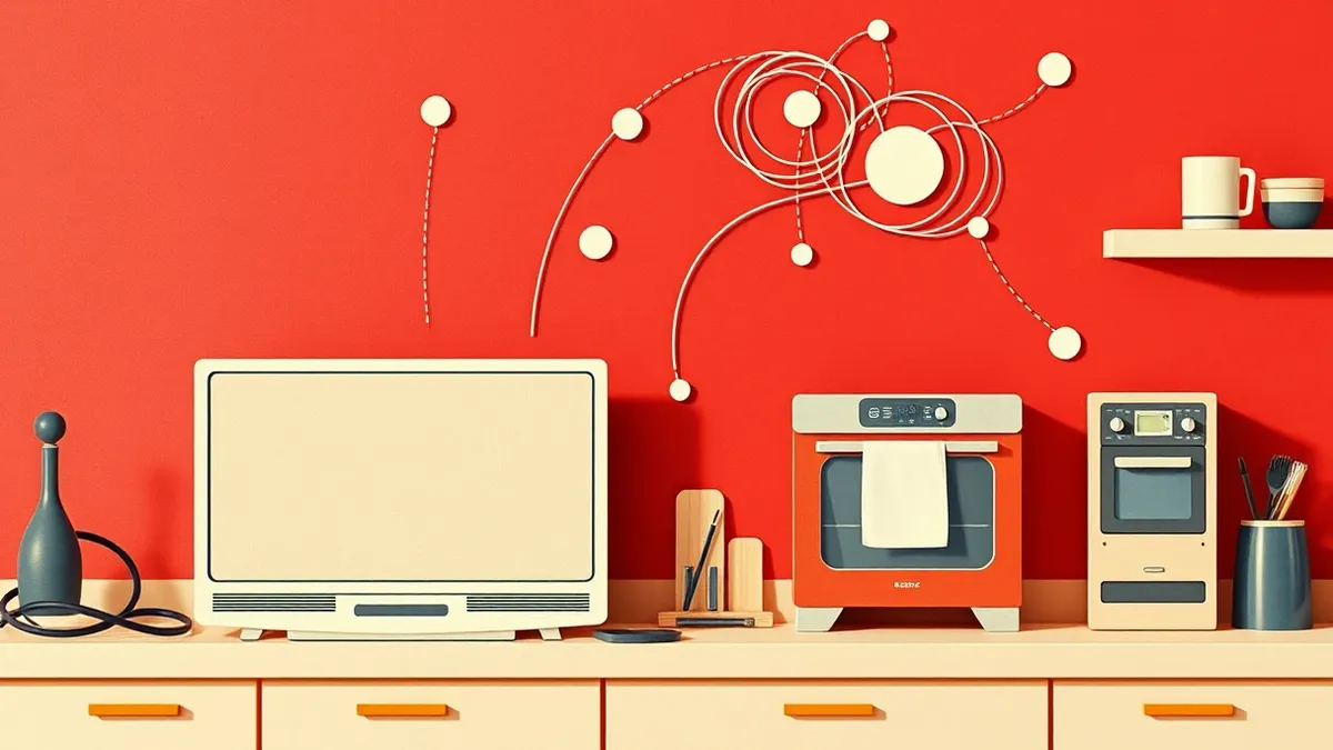 Illustration: A smart television box and a connected kitchen oven sit on a cluttered counter, linked by faint, pulsing geometric lines that spiral between the devices, suggesting a
