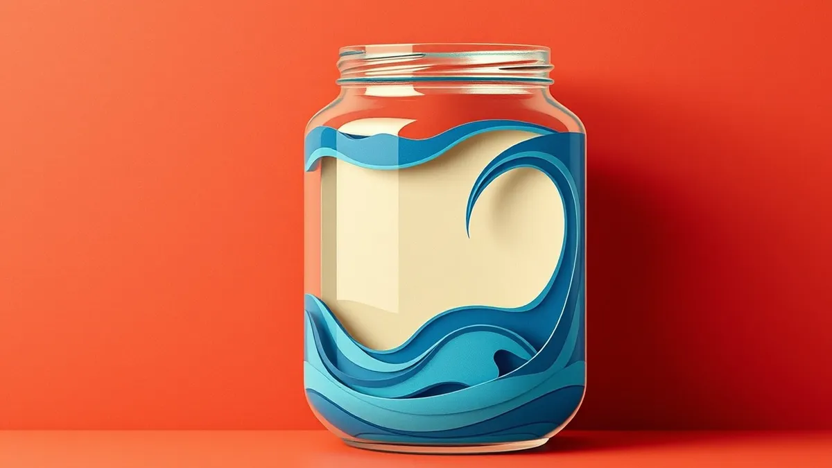 Illustration: A transparent glass jar holds swirling blue liquid that slowly transforms into smooth, abstract geometric shapes.