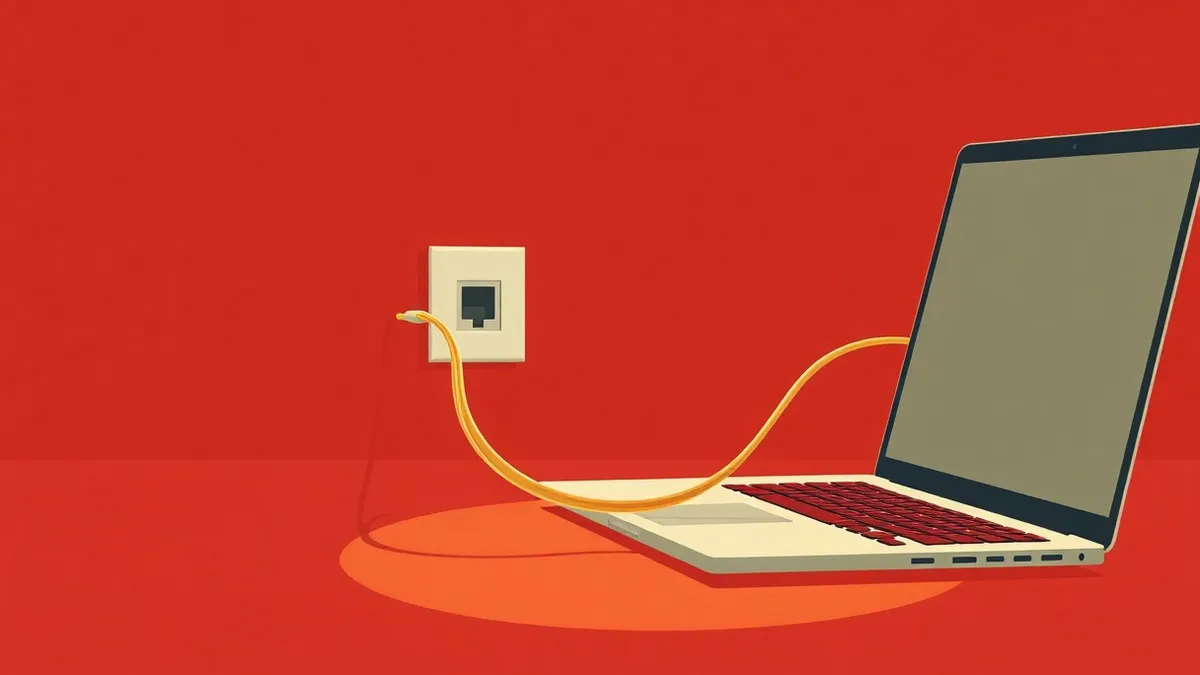 Illustration: A thin, translucent cable snakes from a laptop’s network port to an open, unshielded electrical outlet in a dimly lit room.
