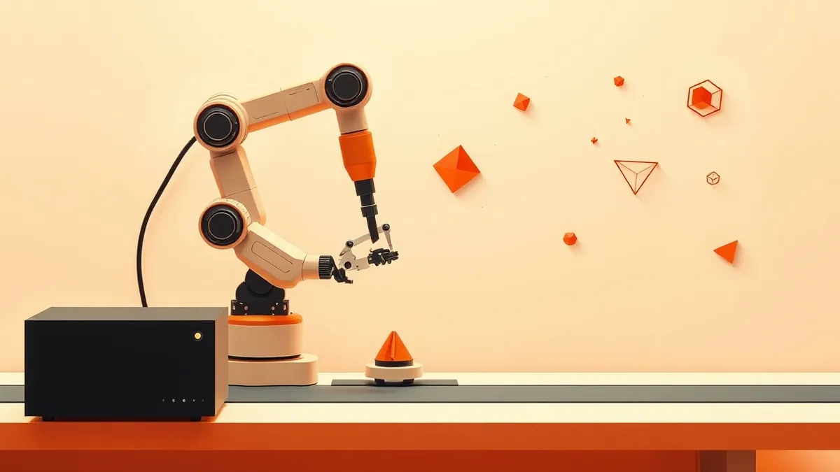 Illustration: A sleek robotic arm manipulates a small component on a clean assembly line bench beside a compact black compute box.