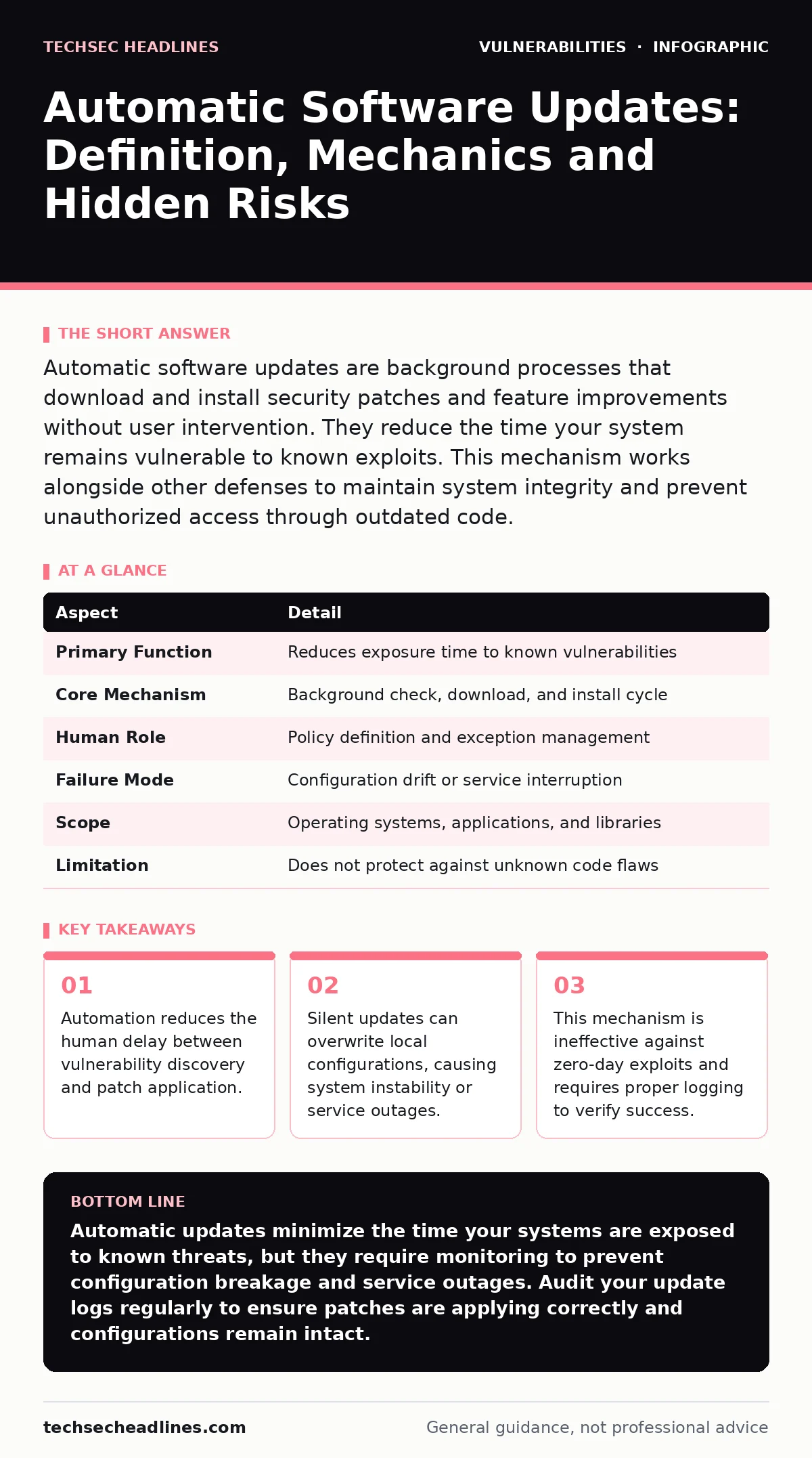 Infographic: Automatic Software Updates: Definition, Mechanics and Hidden Risks. Automation reduces the human delay between vulnerability discovery and patch application. Silent updates can overwrite local configurations, causing system instability or service outages. This mechanism is ineffective a