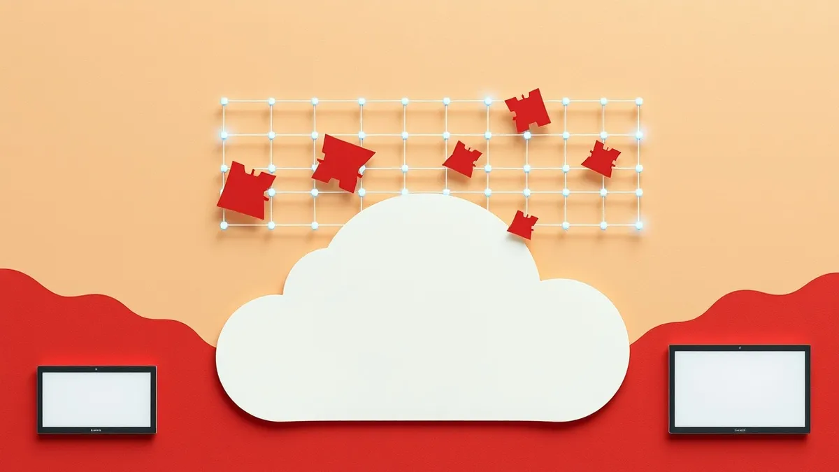 Illustration: A transparent grid structure hovers over a cloud icon, intercepting jagged red shapes before they can touch the soft white formation.