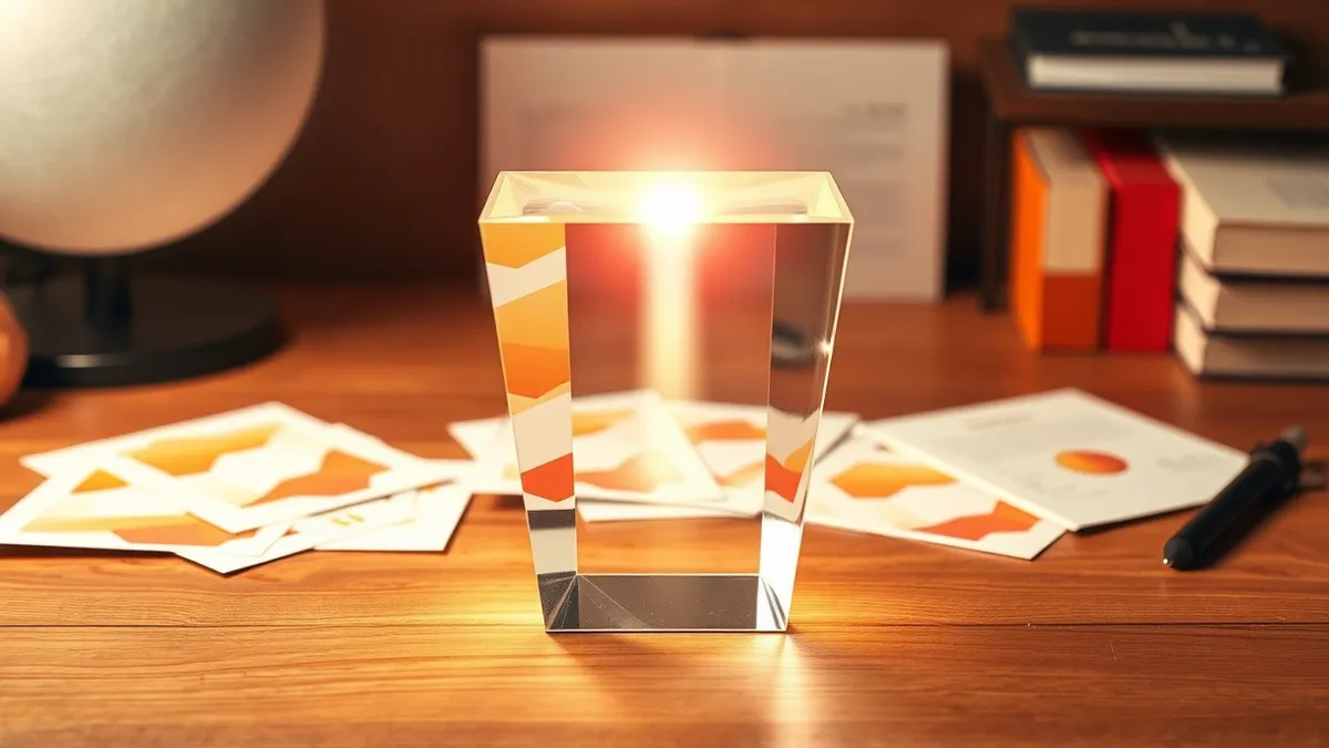 Illustration: A transparent glass prism sits on a wooden desk, refracting a single beam of white light into distinct color bands.