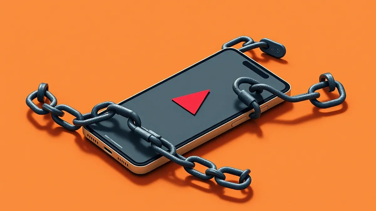 Illustration: A sleek smartphone rests on a wooden surface, displaying a blank screen with a single red warning triangle.