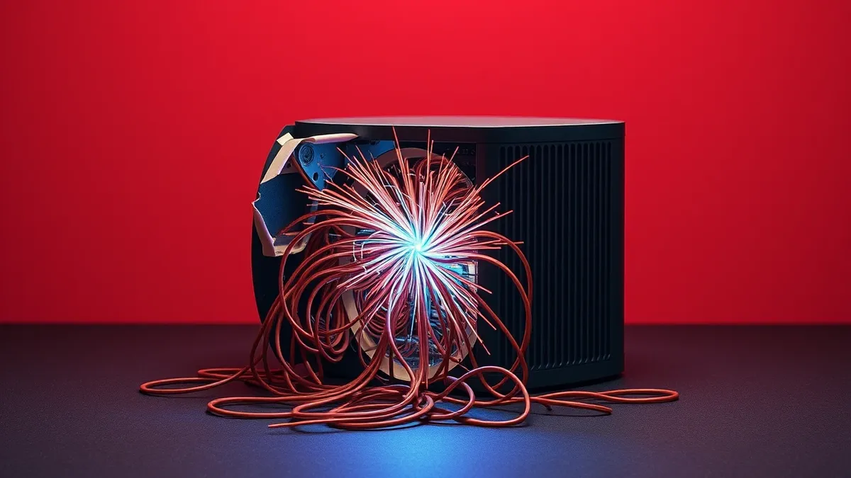 Illustration: A sleek cylindrical database node sits isolated on a dark surface, its side panel cracked open to reveal tangled, chaotic wires spilling out.