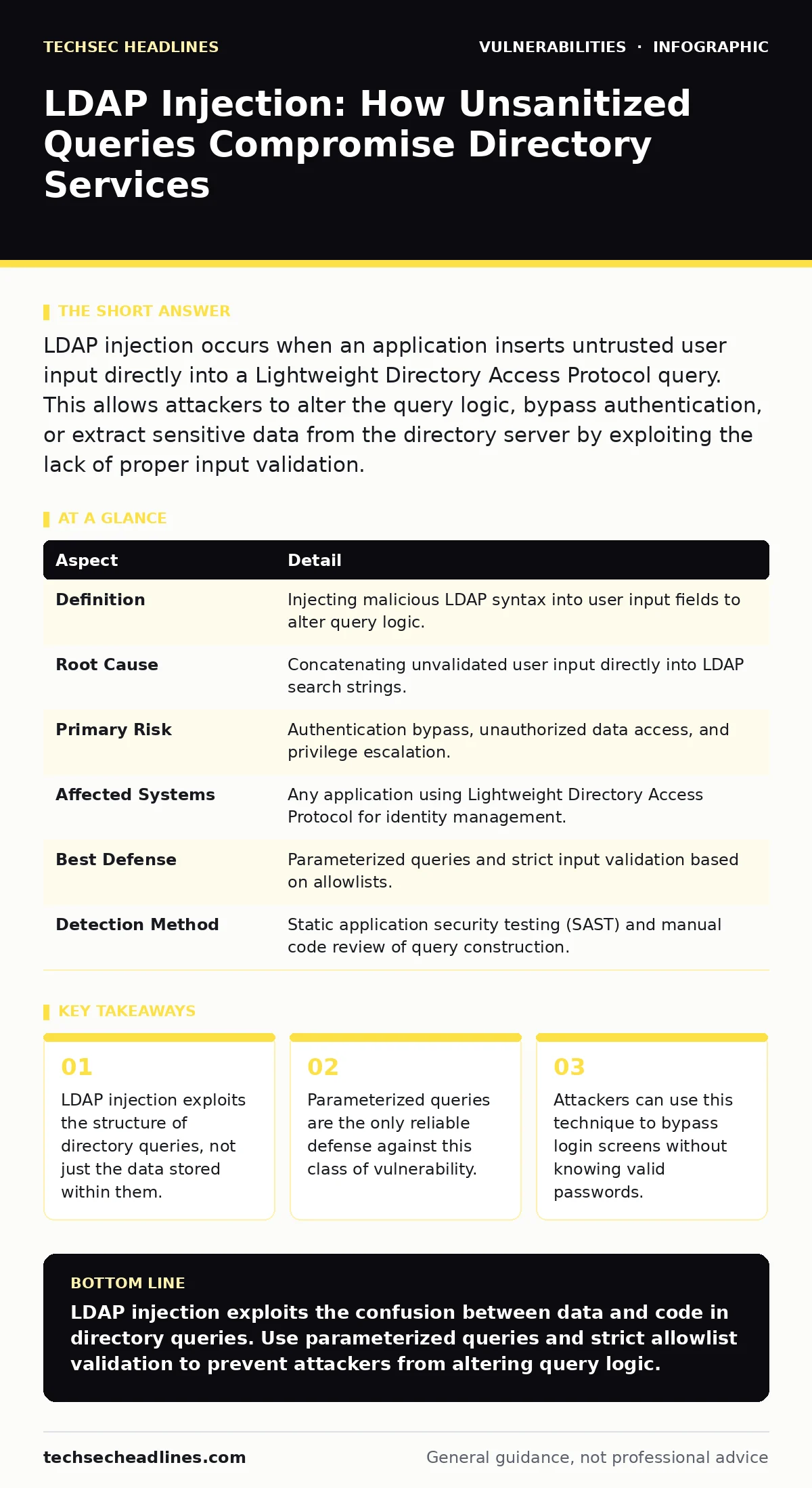 Infographic: LDAP Injection: How Unsanitized Queries Compromise Directory Services. LDAP injection exploits the structure of directory queries, not just the data stored within them. Parameterized queries are the only reliable defense against this class of vulnerability. Attackers can use this techni