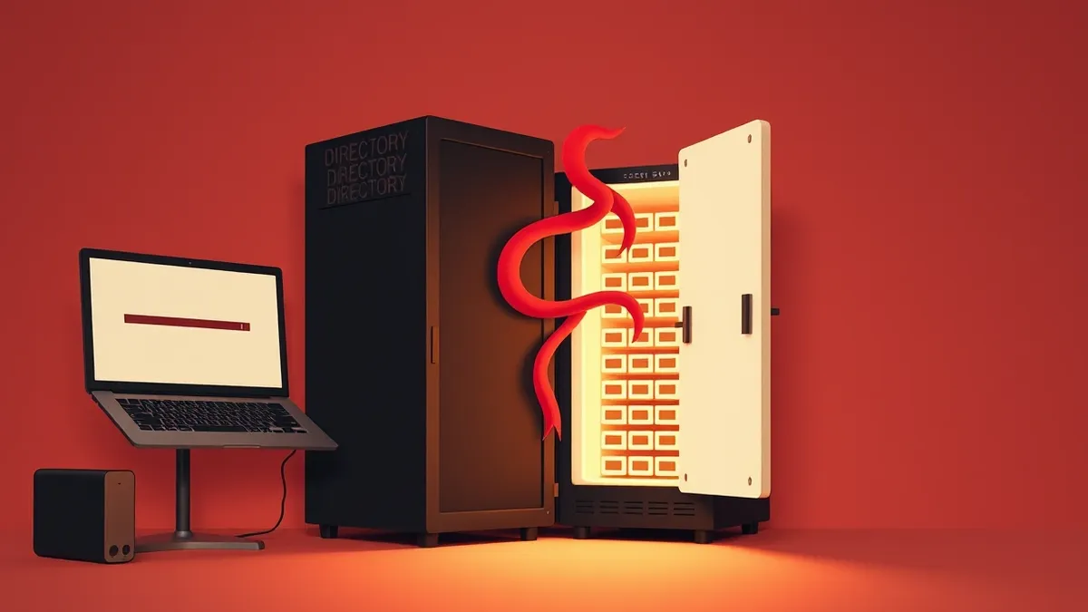 Illustration: A sleek, black directory service server sits in a dim room.