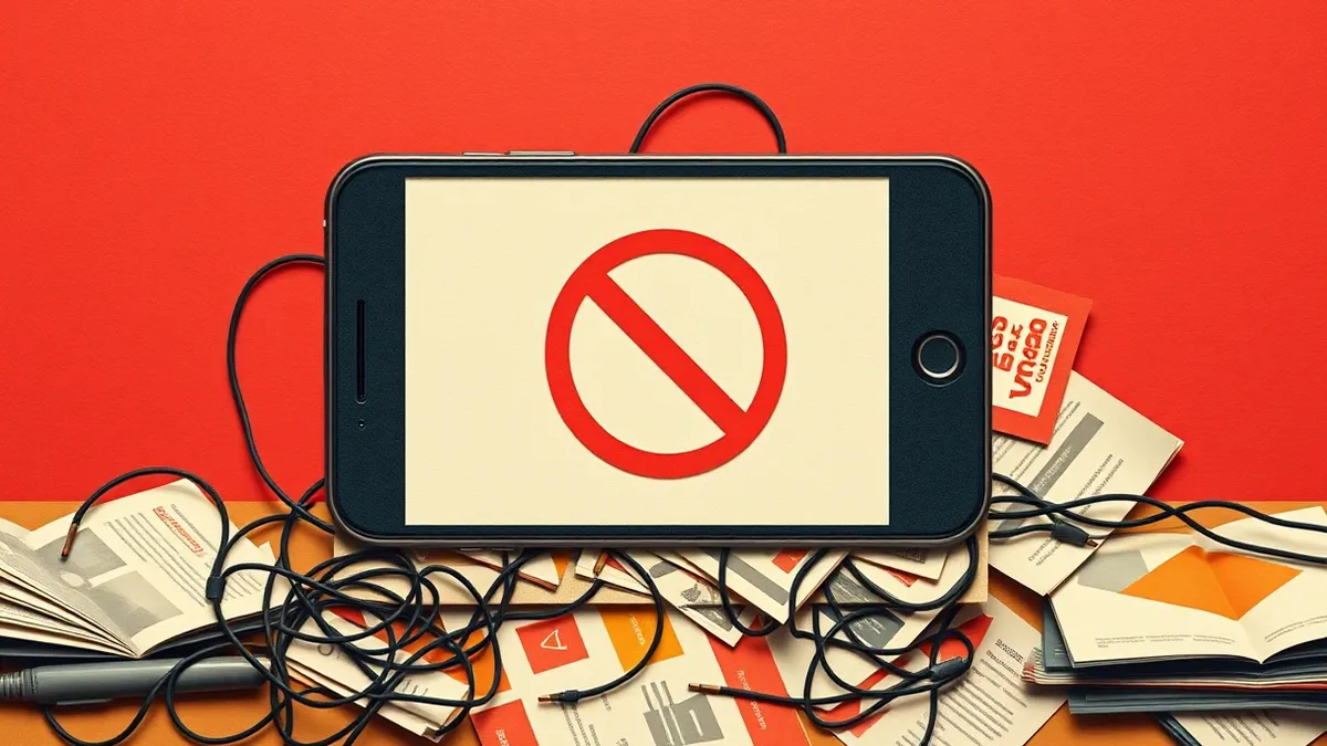 Illustration: A generic smartphone displays a blank social media interface with a single red prohibition symbol overlaying a video thumbnail.