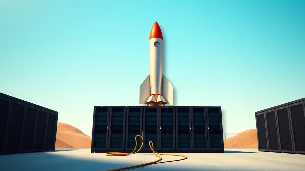 Illustration: A sleek silver rocket sits upright on a concrete launch pad under a bright blue sky.