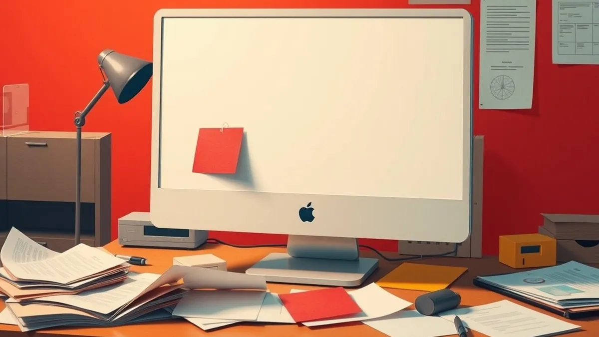 Illustration: A blank computer monitor sits on a cluttered desk, casting a cool glow on scattered papers.