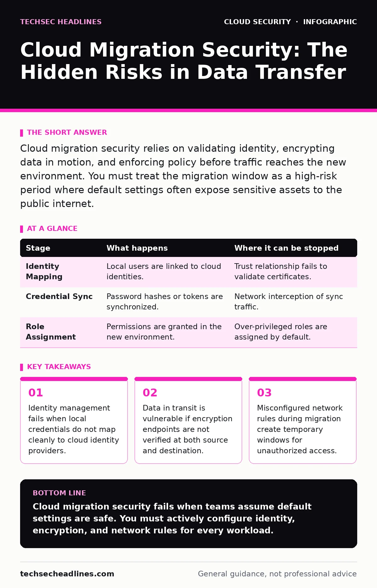 Infographic: Cloud Migration Security: The Hidden Risks in Data Transfer. Identity management fails when local credentials do not map cleanly to cloud identity providers. Data in transit is vulnerable if encryption endpoints are not verified at both source and destination. Misconfigured network rule