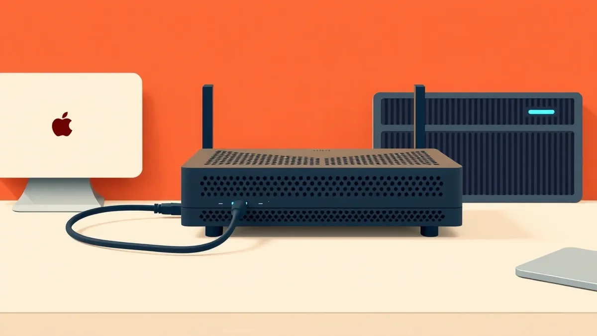 Illustration: A modern network router sits on a clean desk, connected by a single thick cable to a sleek, minimalist server.