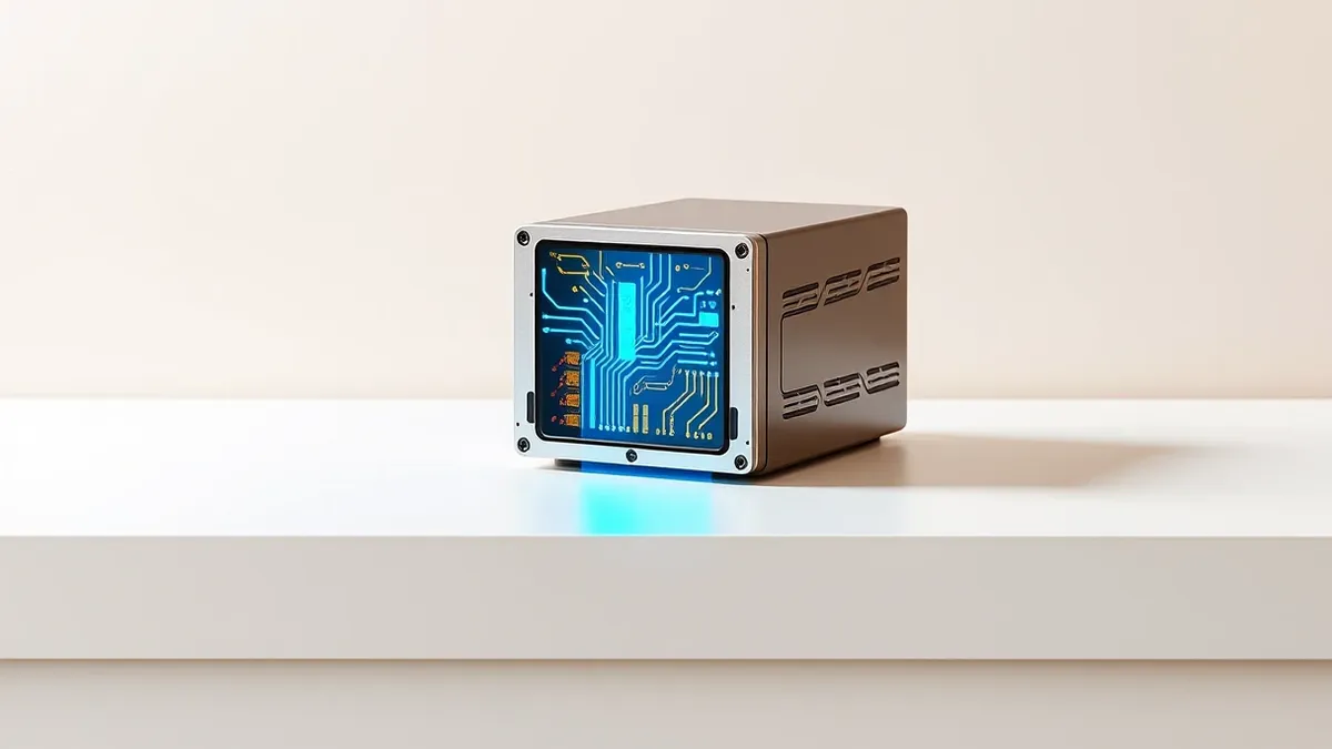 Illustration: A sleek server storage drive sits on a clean white table with a glowing blue data stream flowing into its metallic surface.