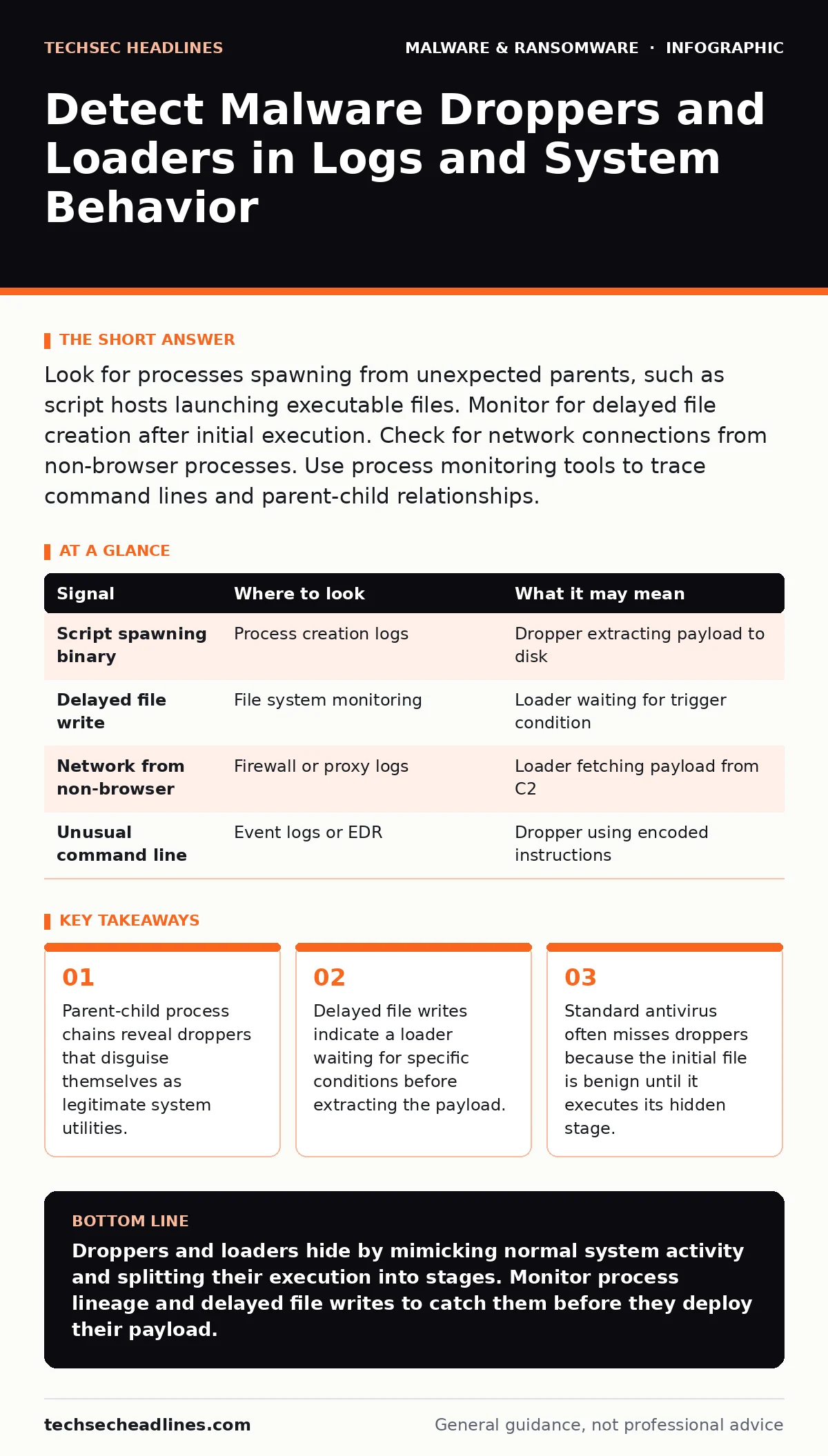 Infographic: Detect Malware Droppers and Loaders in Logs and System Behavior. Parent-child process chains reveal droppers that disguise themselves as legitimate system utilities. Delayed file writes indicate a loader waiting for specific conditions before extracting the payload. Standard antivirus o