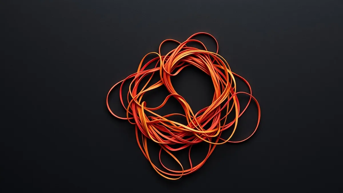 Illustration: A tangled knot of twisted wires emerges from a blank black terminal screen, weaving into the shape of a hollow mask.