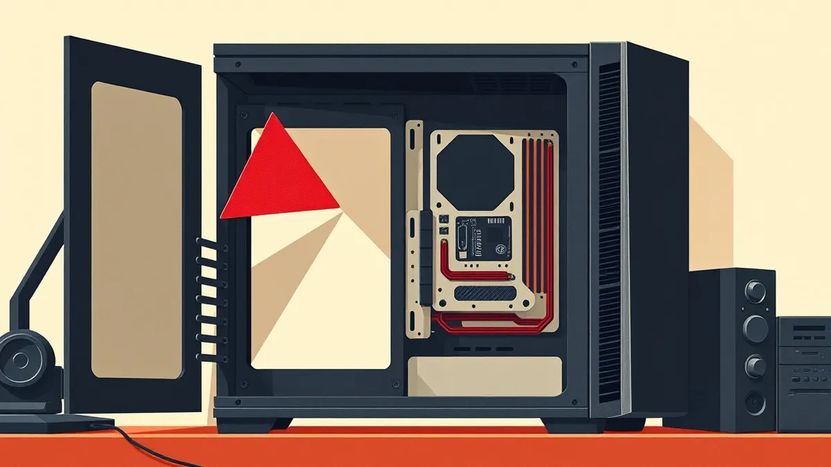 Illustration: A sleek black computer tower sits on a desk with its side panel removed, exposing empty interior slots.
