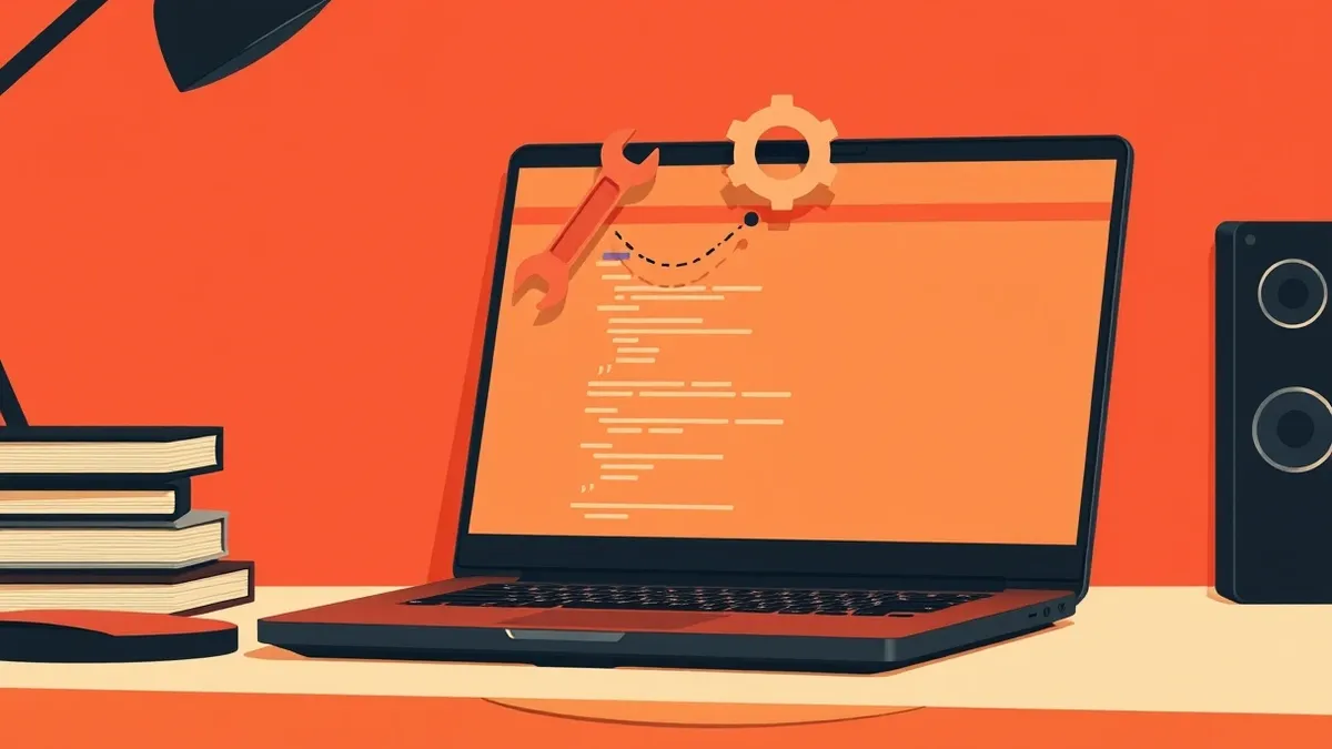 Illustration: A sleek black laptop sits on a desk, its screen displaying a code editor with blank lines.