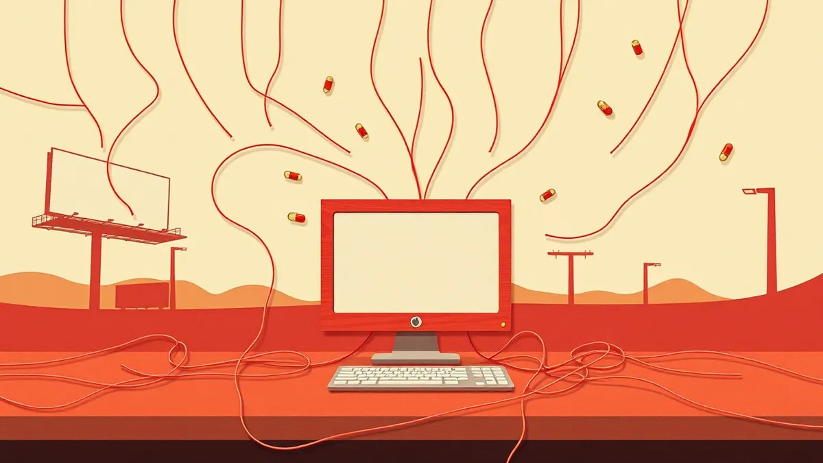 Illustration: A tangled web of thin wires connects a simple wooden desktop computer to several distant, generic advertising billboards.