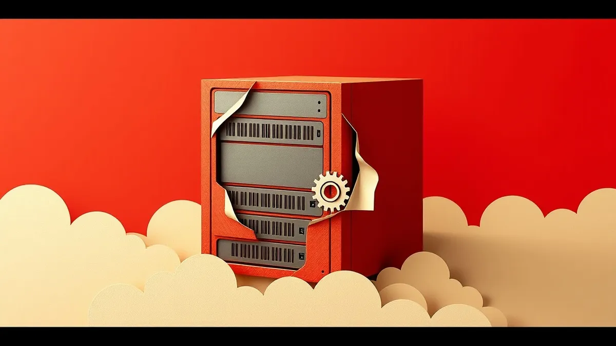 Illustration: A single database server sits isolated on a digital cloud platform, its surface cracked open to reveal exposed internal gears.