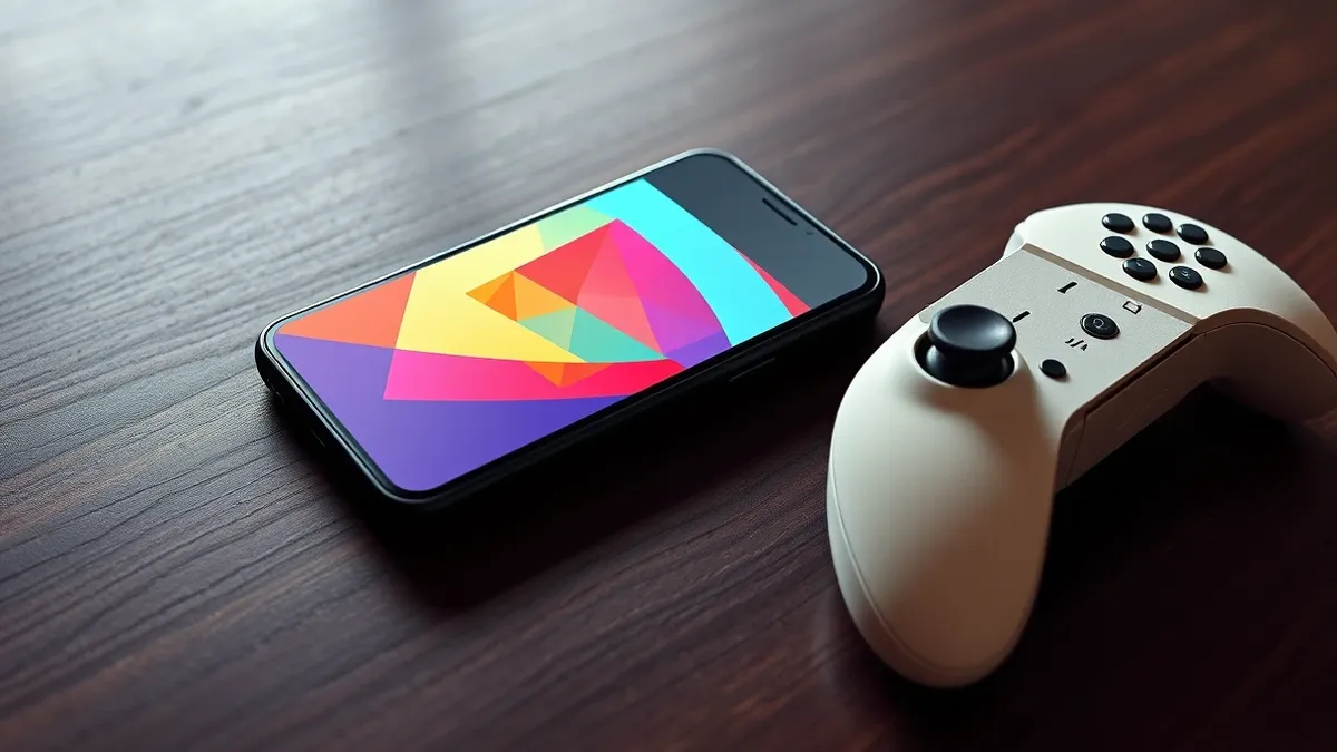 Illustration: A sleek smartphone rests on a dark wooden table next to a modern game controller.