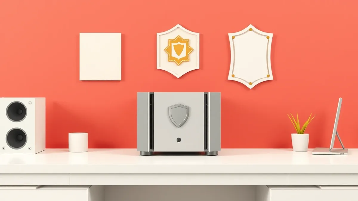 Illustration: A sleek, silver server unit sits on a clean white desk, its front panel featuring a subtle, circular shield emblem.