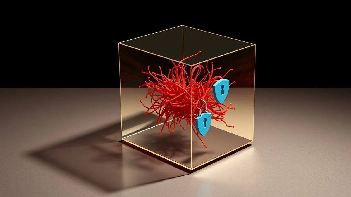 Illustration: A translucent glass cube representing an AI model floats in a dark void, revealing tangled, jagged red threads of corrupted data woven into its core structure.