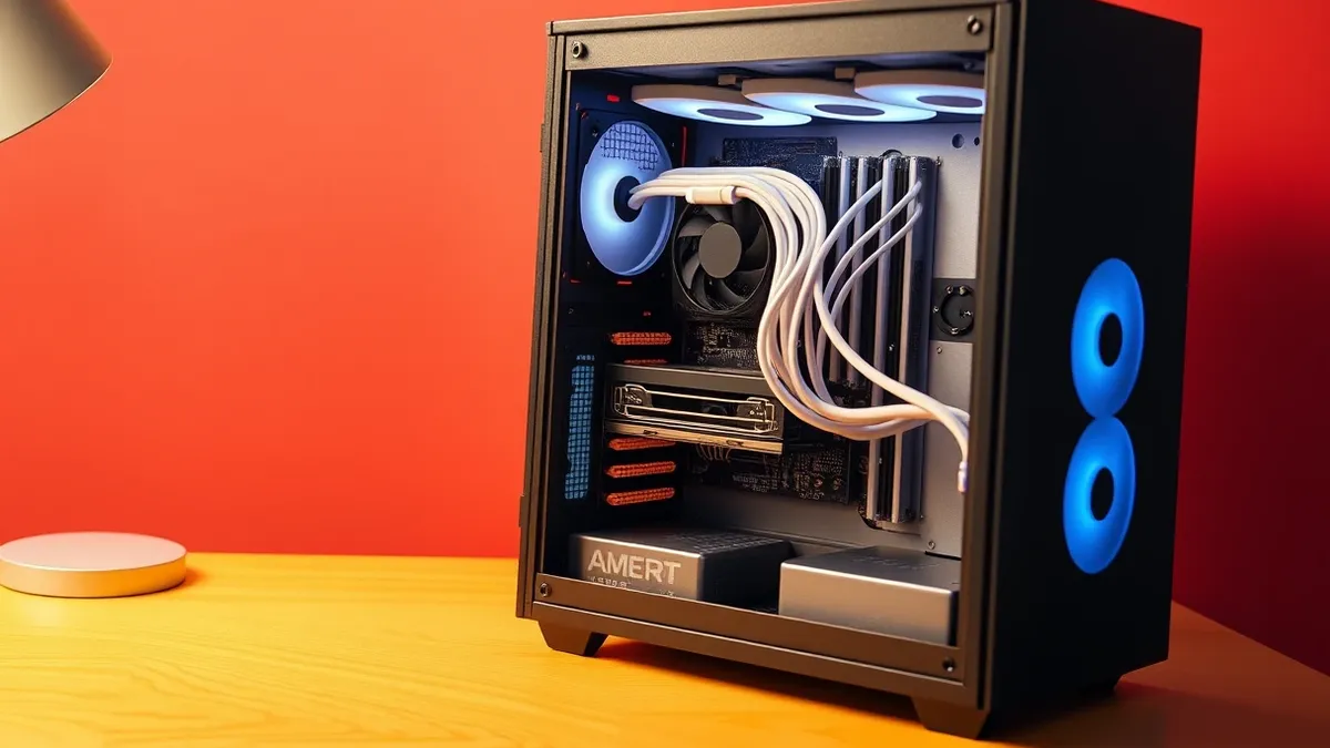 Illustration: A sleek black desktop tower sits open on a wooden desk, revealing a motherboard with a large heatsink.