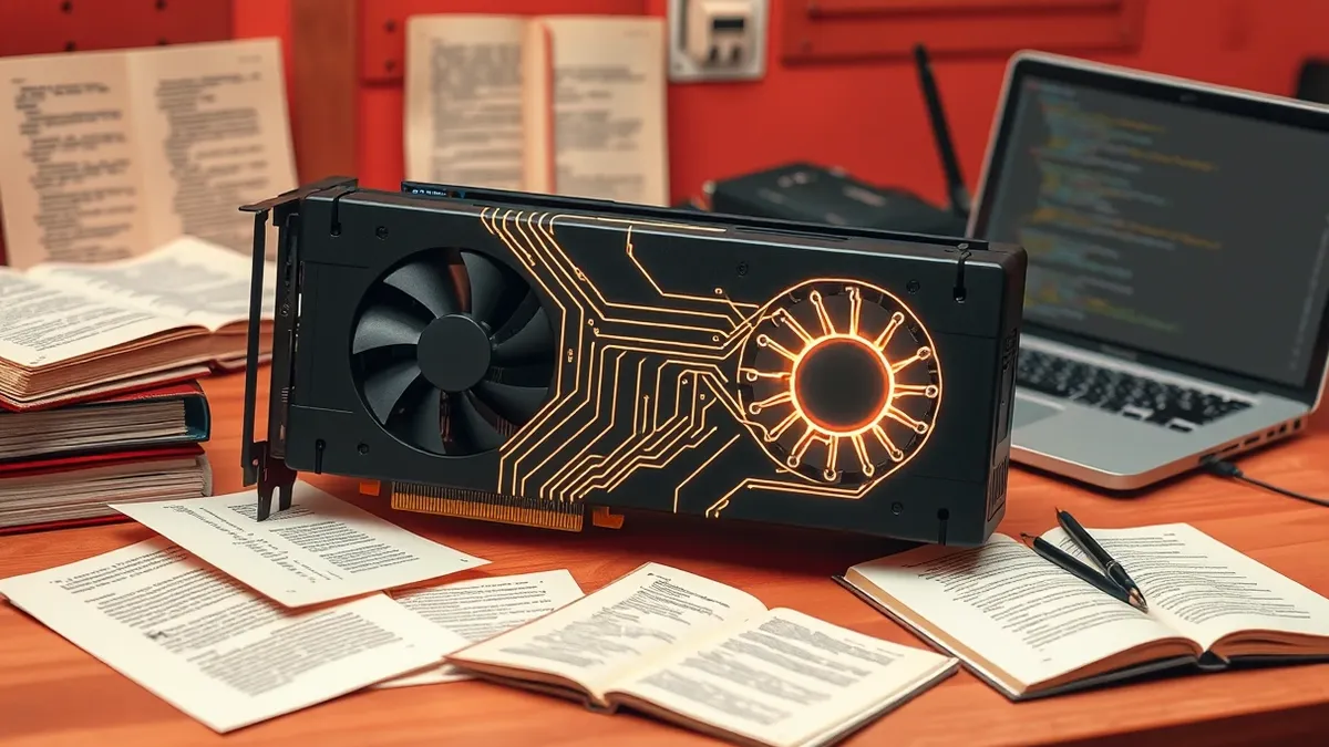 Illustration: A sleek black graphics processing unit rests on a wooden workbench beside scattered open-source code books and a generic laptop.