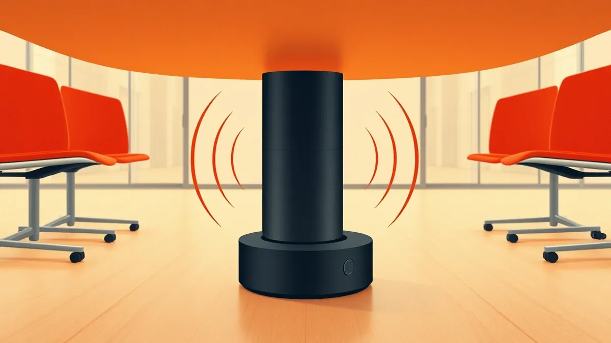 Illustration: A small cylindrical black recorder hides inside the hollow base of a modern conference table leg in an empty glass-walled meeting room.