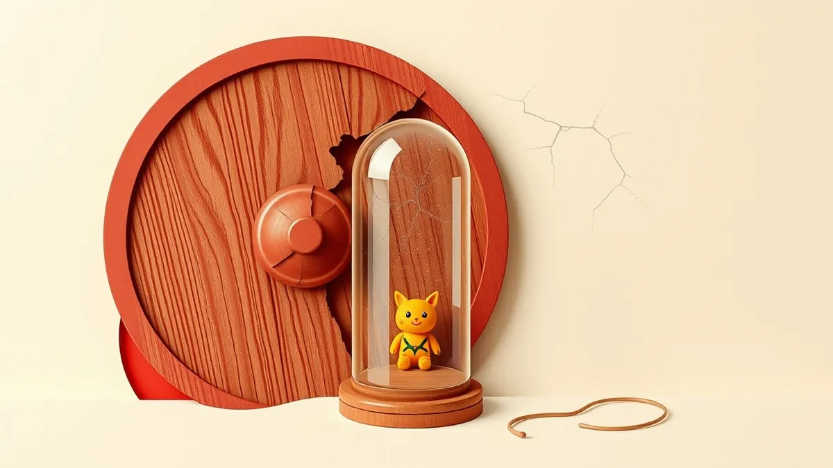 Illustration: A large wooden shield with a broken hinge leans against a fragile glass dome containing a small toy.