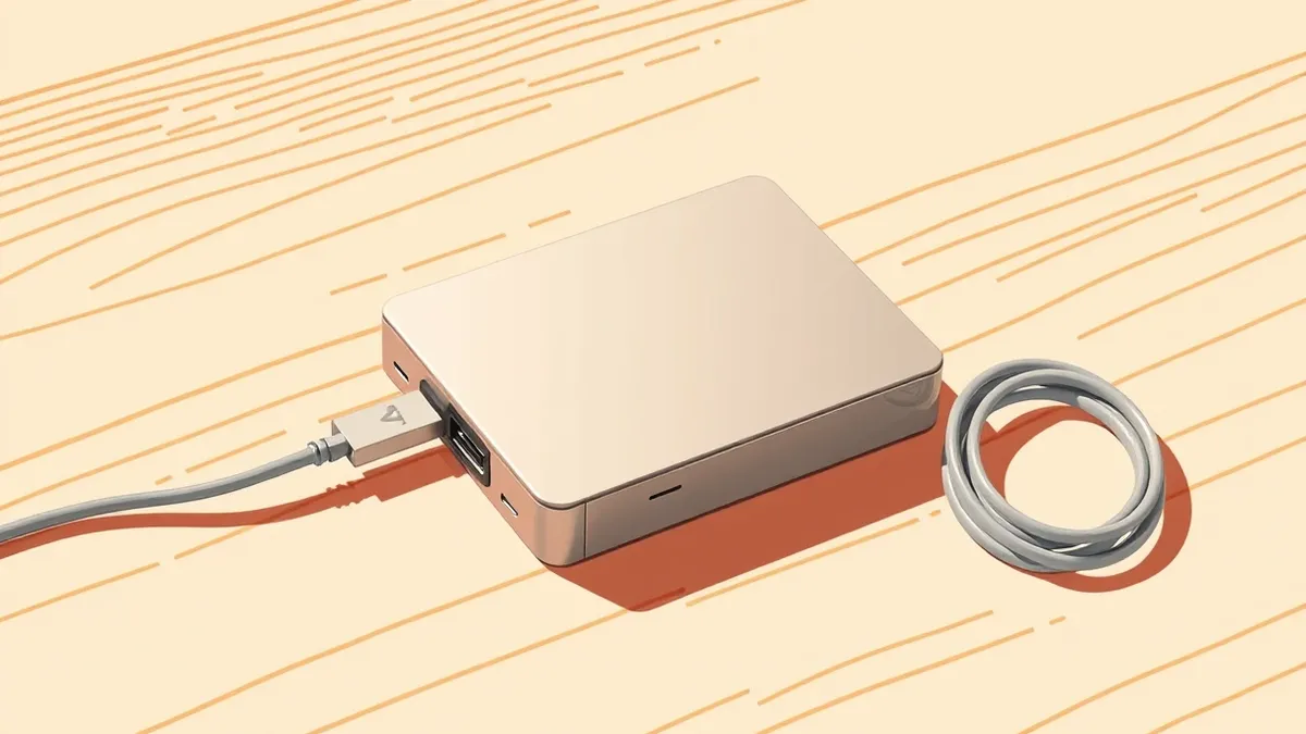 Illustration: A silver external hard drive sits on a clean wooden desk, its power switch flipped to the off position and the USB cable unplugged from the port.