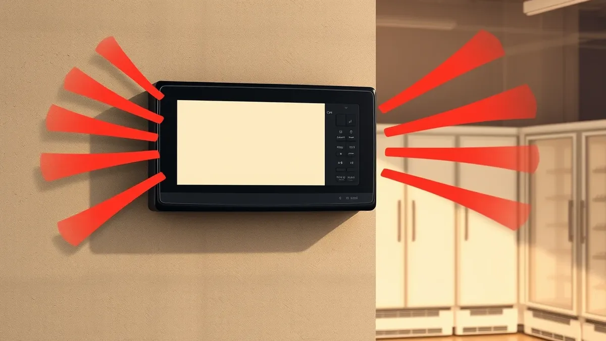 Illustration: A black climate control unit mounted on a concrete wall displays a blank screen.