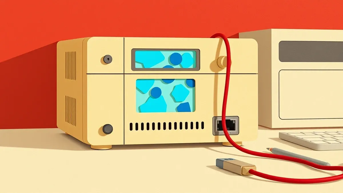 Illustration: A generic network security appliance sits on a desk with a glowing front panel displaying abstract blue shapes.