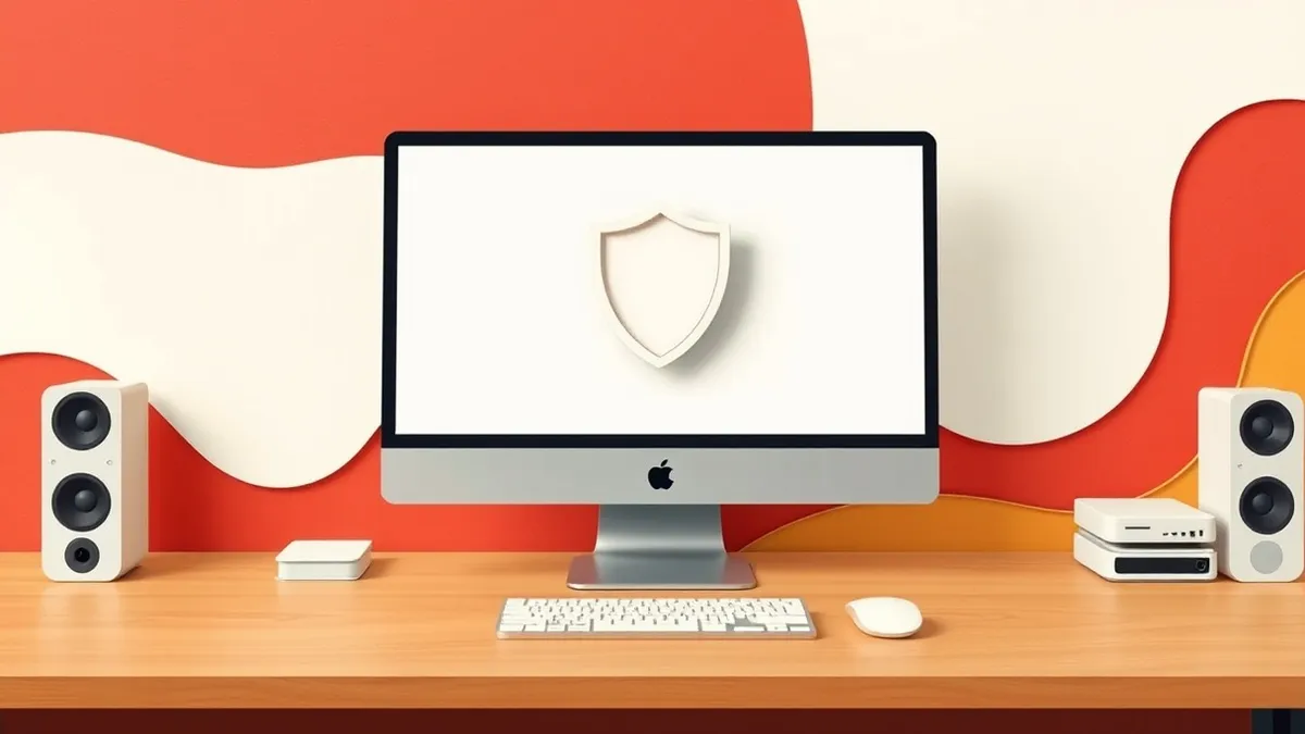 Illustration: A sleek desktop computer sits on a clean wooden surface, its screen displaying a minimalist interface with abstract geometric shapes.