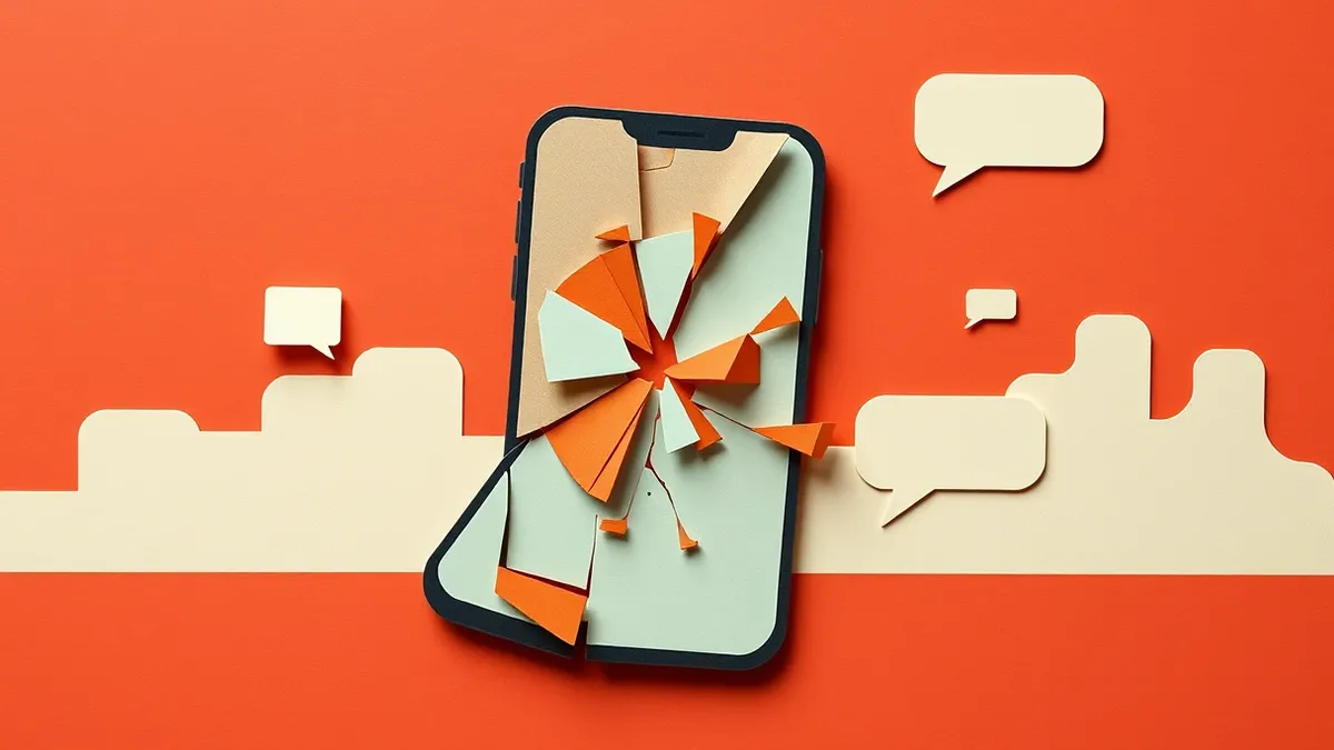 Illustration: A cracked smartphone screen displays abstract geometric shapes representing fragmented data blocks.