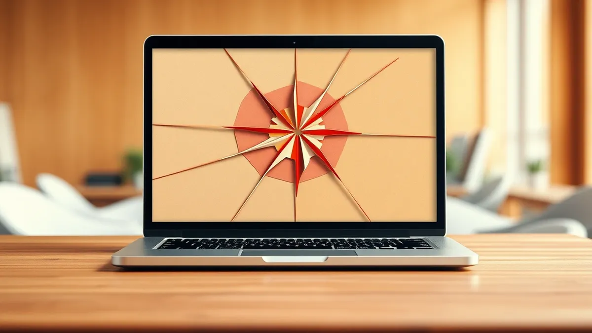 Illustration: A silver laptop sits on a wooden desk with its screen displaying a fractured glass texture.